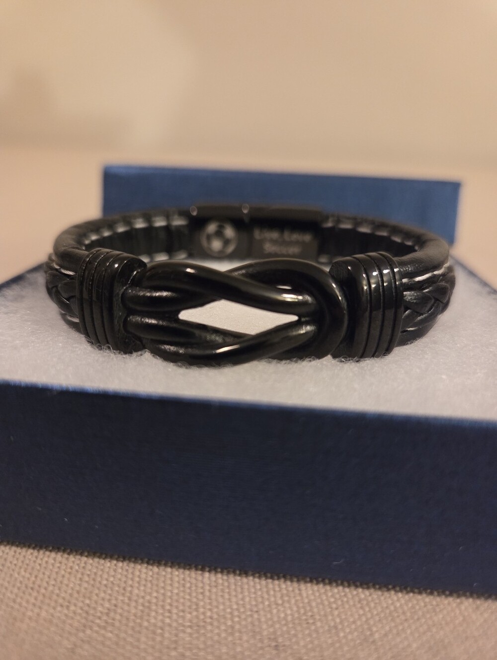 WOVEN BROWN LEATHER BRACELET WITH INFINITY LOVE SYMBOL IN BLACK STEEL